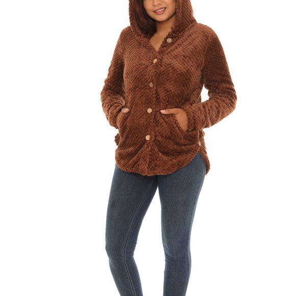 Textured Plush Button-Up Hoodie With Pocket - Picture 3 of 5